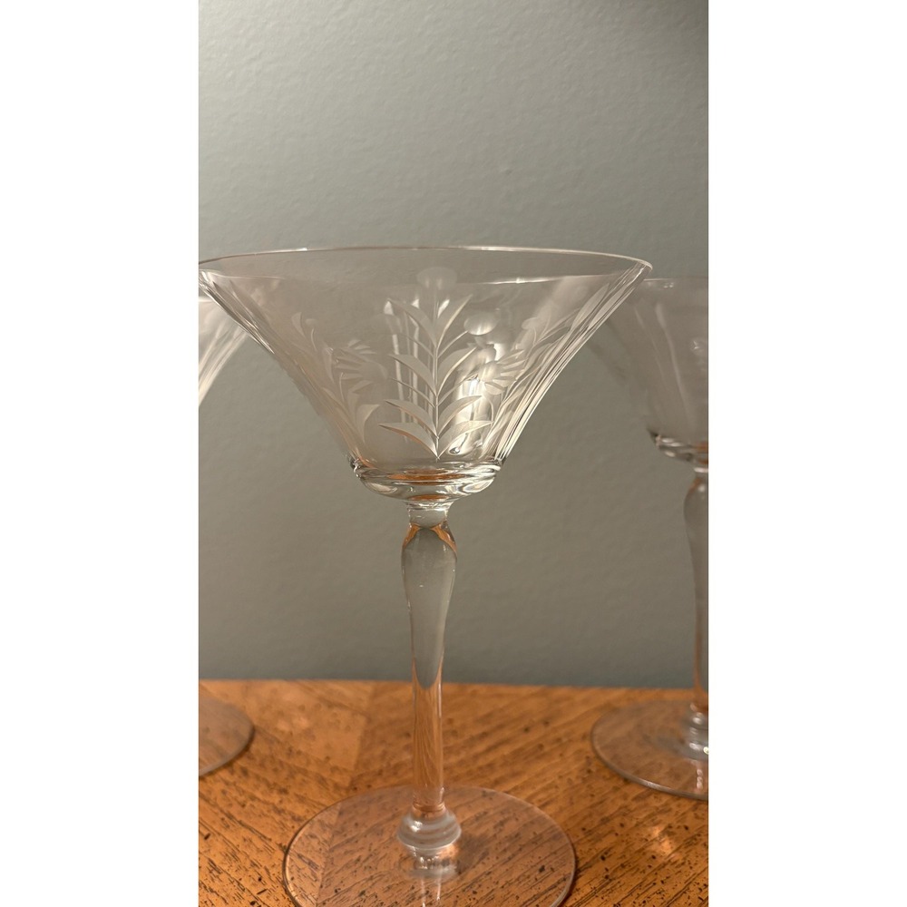 Vintage Etched Champagne Coupe Stems, 6" Tall with Floral & Leaf Design set of 3